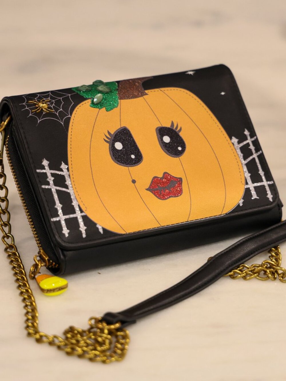 Betsey Johnson Pumpkin Girl Crossbody Purse Black w/ Chain Strap Halloween